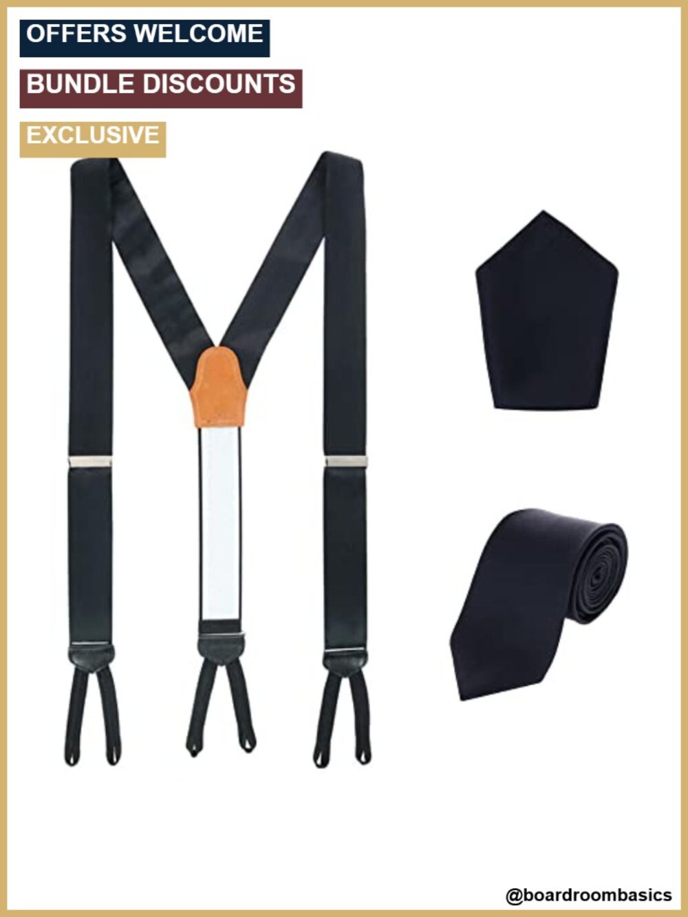 Silk Brace Necktie and Pocket Square Set Adjustable Suspenders